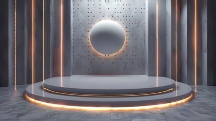 Podium background 3D light tech stage future platform game abstract. Podium 3D background technology room product circle glow effect portal stand studio scene white design ring modern display space