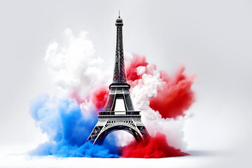 Eiffel Tower in a cloud of smoke in the colors of the French flag : blue, white, red - Ceremony, sporting event or olympics concept. Editotial. Spacy text.