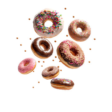 recommend clip art: Glazed Doughnuts flying in the air, isolated on white transparent background, ultra realistic, PNG