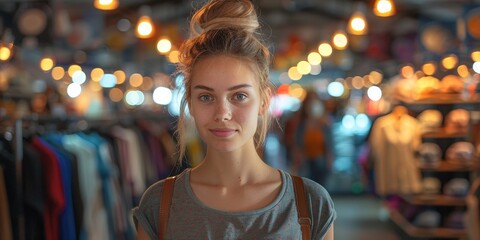 Fototapeta na wymiar A casual, natural portrait of a young, attractive woman shopping in a clothes aisle.