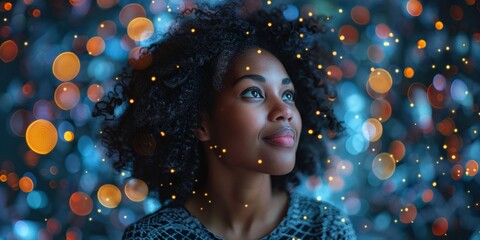 A dreamy black woman in a festive outdoor portrait, radiating attractiveness and joy.