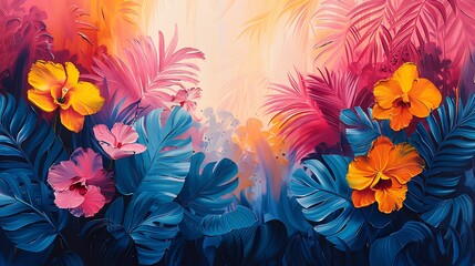 An abstract art piece inspired by tropical paradise, with bold, expressive brush strokes representing orchids and monstera leaves. - obrazy, fototapety, plakaty