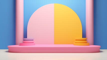 A captivating scene featuring pink, yellow, blue, and white realistic 3D cylinder stand podiums arranged gracefully in an arch window, within a vector abstract studio room adorned