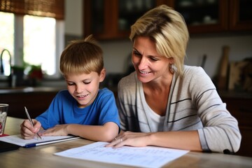 Mom helps son do homework sitting at table writing in notebook right answer. Boy asks mother to help with homework at table with laptop. Mom in cozy modern apartment helps her son with homework.