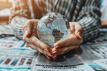 Hand holding globe over financial news symbolizes global economic and the impact of world events on financial markets.