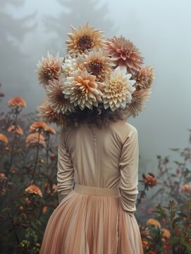 Woman with flower head lost in blooming garden. Ethereal scene of a woman with a flower head standing amidst vibrant flowers in a foggy garden setting