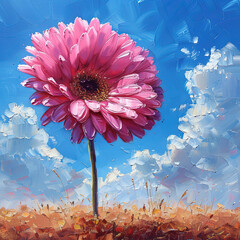 painting of a pink flower in a field with a blue sky