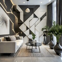 an interior living room accent wall embellished with a sleek and modern seamless geometric shape pattern. Focus on capturing the elegance and sophistication of the design, using precise lines and shap