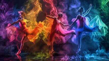 The spectrum is used to create a piece of dance. The dance is full of energy and excitement. The colors are used to create a sense of rhythm and flow, and the dance is a visual and auditory spectacle. - obrazy, fototapety, plakaty