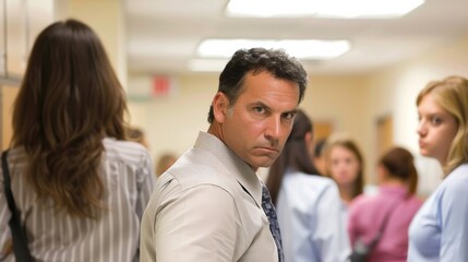 A man in a suit standing next to several women, AI