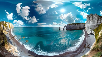 Surreal Seascape in Panoramic View, Vivid Blues Dominating the Scene. An Artistic Digital Creation for Backgrounds and Wallpapers. Tranquil and Dreamy Atmosphere. AI