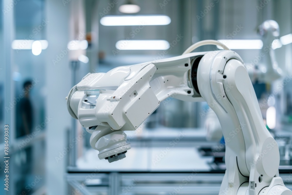 Poster an automated robotic arm in action inside a high-tech manufacturing facility. industrial robot arm i