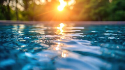 Blue water surface with bright sun light reflections, water in swimming pool background closeup