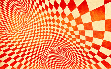 Retro background with texture of old soiled paper of red and yellow color and checkered pattern....