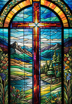 Colorful stained glass window featuring an image of a cross against a beautiful sunset landscape. 