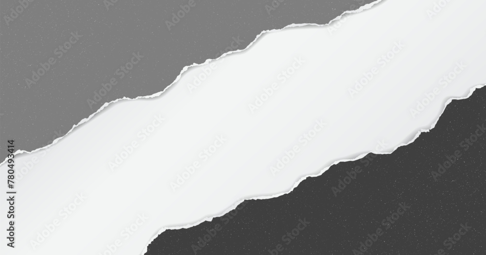 Poster black and grey dusty torn paper strips with soft shadow are on white background for text or ad.