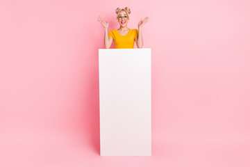 Full size photo of sweet blond lady near promo wear eyewear t-shirt isolated on pink background