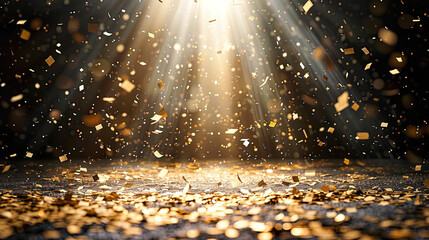 Golden confetti rain on festive stage with light beam in the middle, empty room at night mockup. - obrazy, fototapety, plakaty