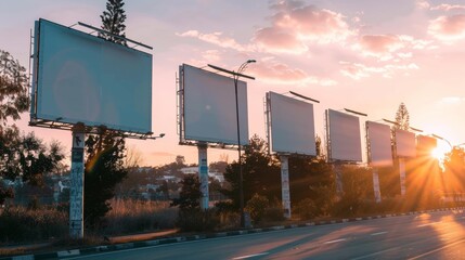 A row of billboards on a highway with the sun setting in front, AI
