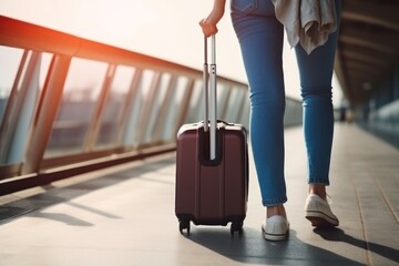 Woman walks with small suitcase with personal belongings moving along airport looking for gate to board plane. Air travel and wanderlust in adulthood. Moving to another country with hope for new life