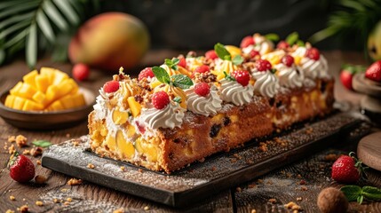 Bright and vibrant tropical mango-infused fruit cake under studio lights