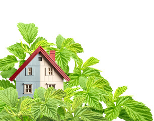 Eco friendly house. Wooden model home and green leaves. Isolated on white background. Ecology, go green, Green Energy, Renewable Power, environmental and conservation protection concept. 3d render