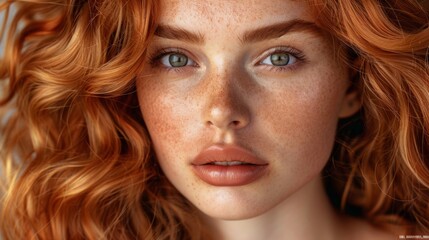 Naklejka premium A close up of a woman with red hair and freckles, AI