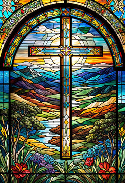 Colorful stained glass window featuring an image of a cross against a beautiful sunset landscape. 
