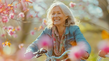 Joyful senior woman riding a bicycle in a blooming park. Active lifestyle and leisure concept for retirees. Embracing life with a smile in nature. A serene spring scene. AI