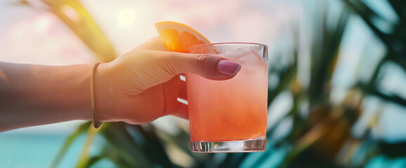 Close up of woman's hand holding a paloma grapefruit cocktail at sunset on beach paradise vacation - obrazy, fototapety, plakaty