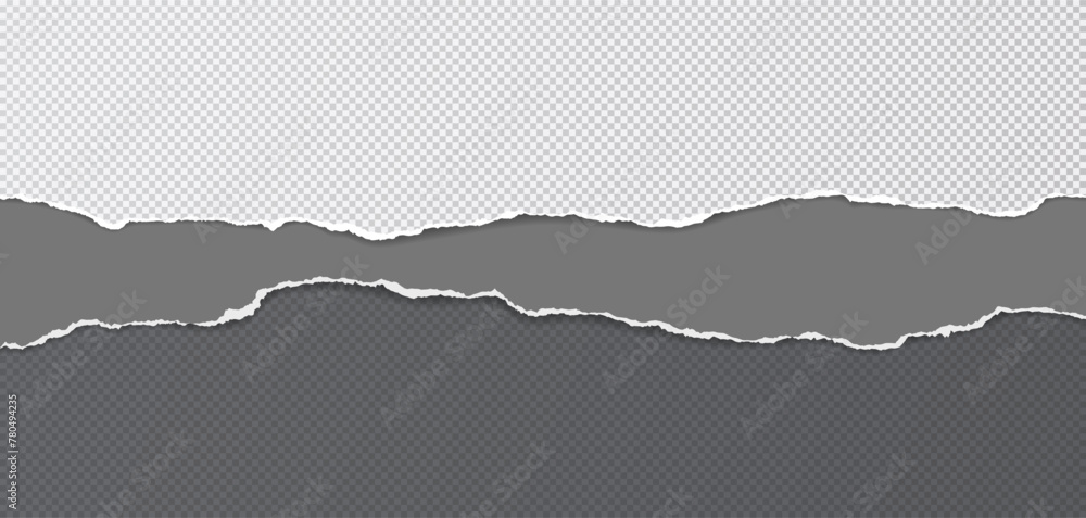 Poster black and grey paper with torn edges and soft shadow are on squared background for text.