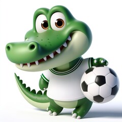 Cute character 3D image of a crocodile with simple football clothes playing a ball, funny, happy, smile, white background