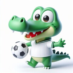 Obraz premium Cute character 3D image of a crocodile with simple football clothes playing a ball, funny, happy, smile, white background