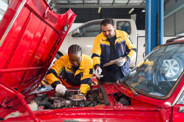 Two mechanic are working on a car with the hood open in an automotive shop or garage. They seem...
