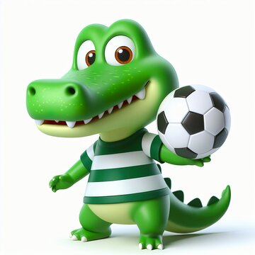 Cute character 3D image of a crocodile with simple football clothes playing a ball, funny, happy, smile, white background