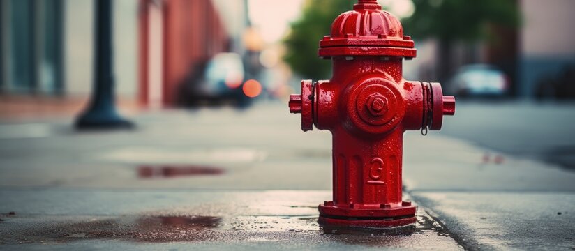 Red fire hydrant on the sidewalk in the street, seen up close.