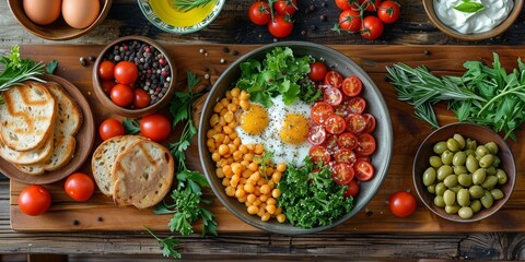 Delicious breakfast with scrambled eggs, tomatoes and vegetables on a wooden table. - obrazy, fototapety, plakaty