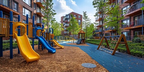 The park's lively play area offers colorful slides and swings for children's outdoor fun. - obrazy, fototapety, plakaty