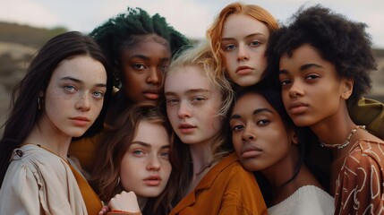 Fototapeta premium Unity Collage: A succinct depiction of diverse women standing together, confronting racism head-on.