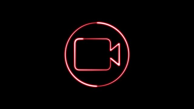 Neon effect cinema camera sign animation black background. Video camera. Movie sign. Film projector. 4K Video motion graphic animation