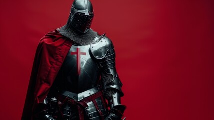 Fototapeta premium Teutonic Knight in red cape and armor stands as a crusader symbol of medieval history