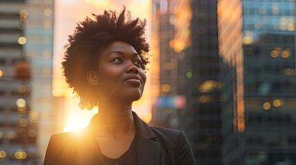 Happy wealthy rich successful black businesswoman standing in big city modern skyscrapers street on sunset thinking of successful vision - obrazy, fototapety, plakaty