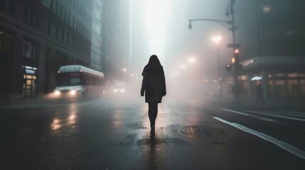 Obraz premium Woman Walking Down Rainy City Street