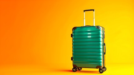 Vibrant green suitcase standing on a warm orange background. Travel and tourism concept with modern luggage. Simplistic style for advertising. AI