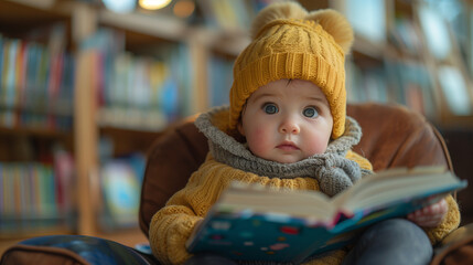 little child reading a book, baby learning concept