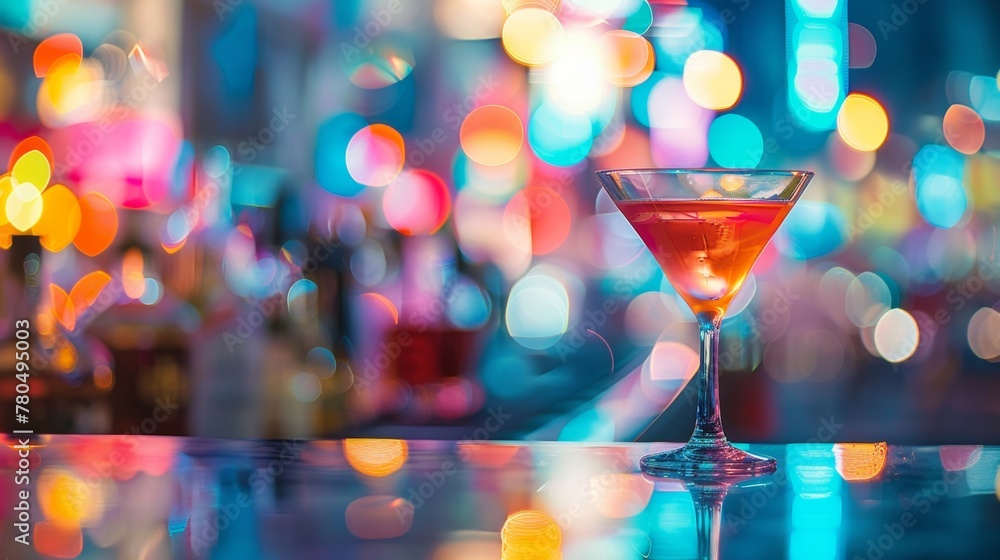 Poster cocktail on table by bar counter on colorful bokeh background