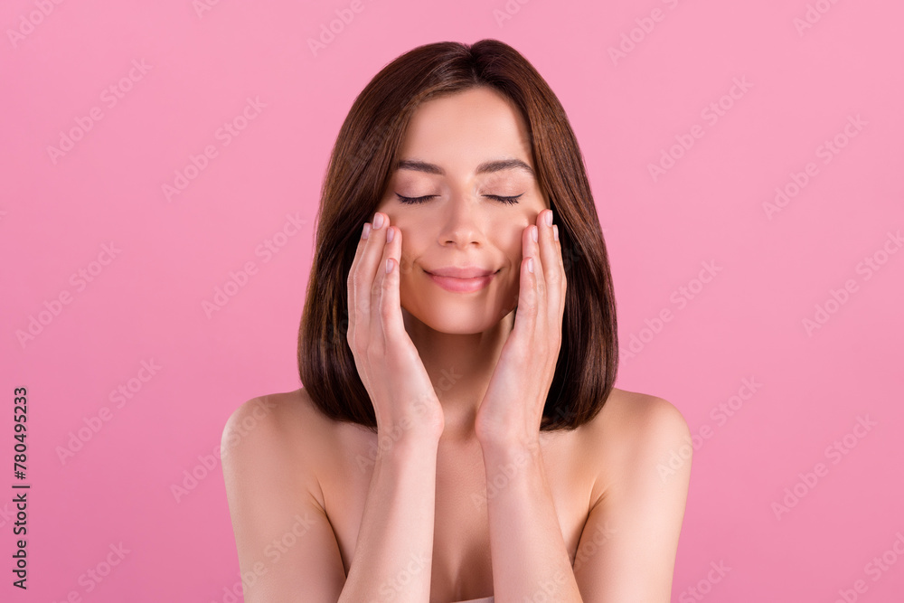 Poster Photo of attractive girl wash face on morning beauty routine use botox collagen for silky skin isolated pastel color background