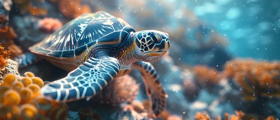 Fotobehang 3D image of sea turtle swimming in the Red Sea among corals. Concept Underwater Animals, 3D Art, Red Sea, Sea Turtle, Coral Reef © Anastasiia
