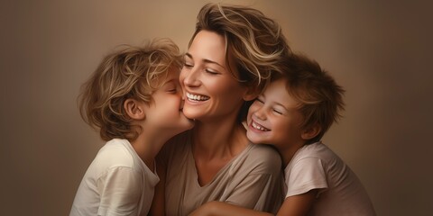 Caucasian mother and two smiling kids in a joyful, loving embrace