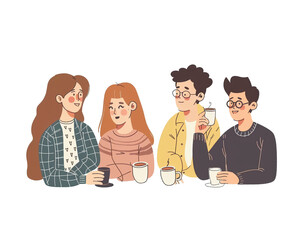 A group of people are talking while drinking coffee.Brown tone cartoon 2D  illustration on white background Looks minimalist.